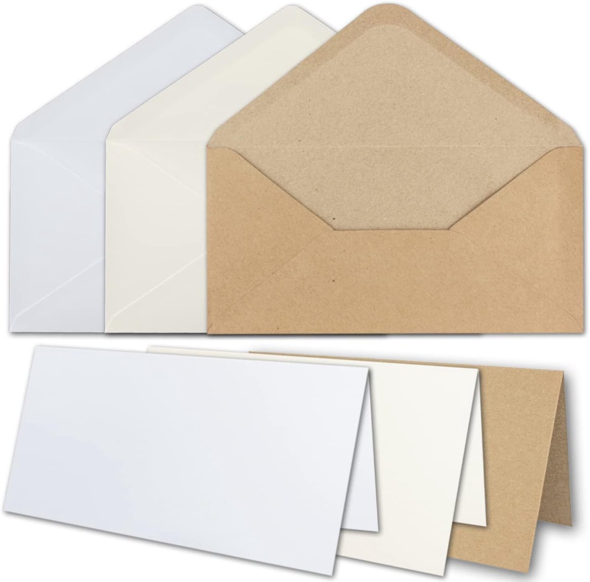 15 x vouwkaartenset, DIN lang met enveloppen in wit, crème en kraftpapier, bruin, natte lijm, puntige klep, voor uitnodigingen en wenskaarten
