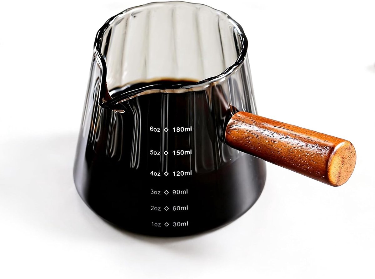 180 ml maatbeker met houten handvat, Jicyor maatbekers, espresso maatbeker, transparante beker met V-vormige opening, dubbele schaal, voor koffie en melk, grijs