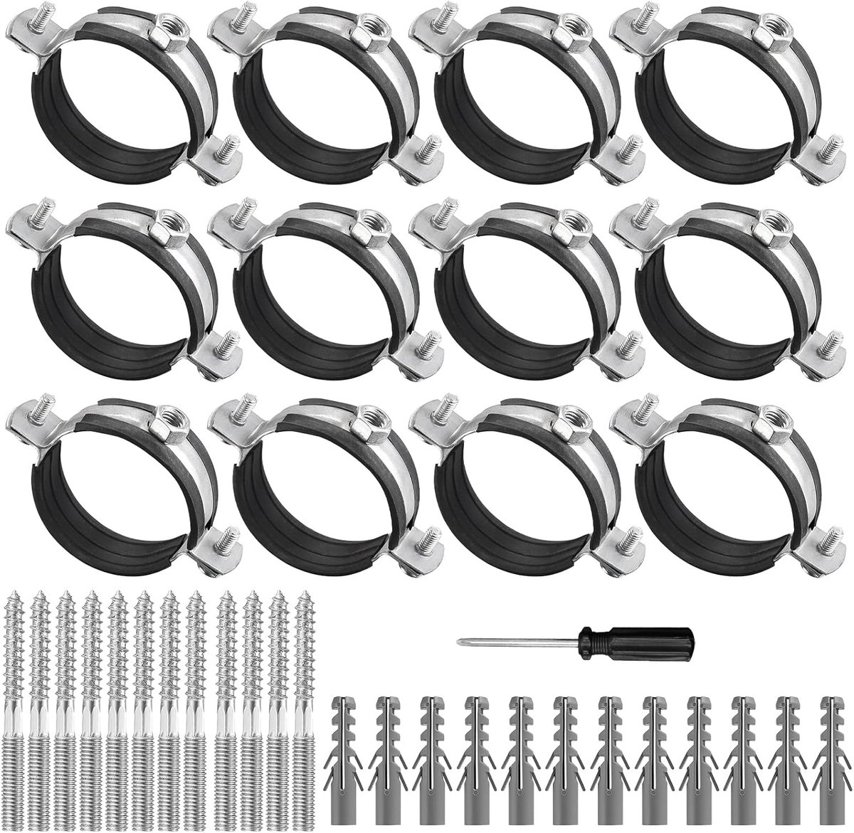 Pack of 12 Clamp Clamps 50 mm Pipe Holder with Screwdriver, Screw Clamps with Rubber Insert for HT Pipe, Water Pipe - ShopVlot