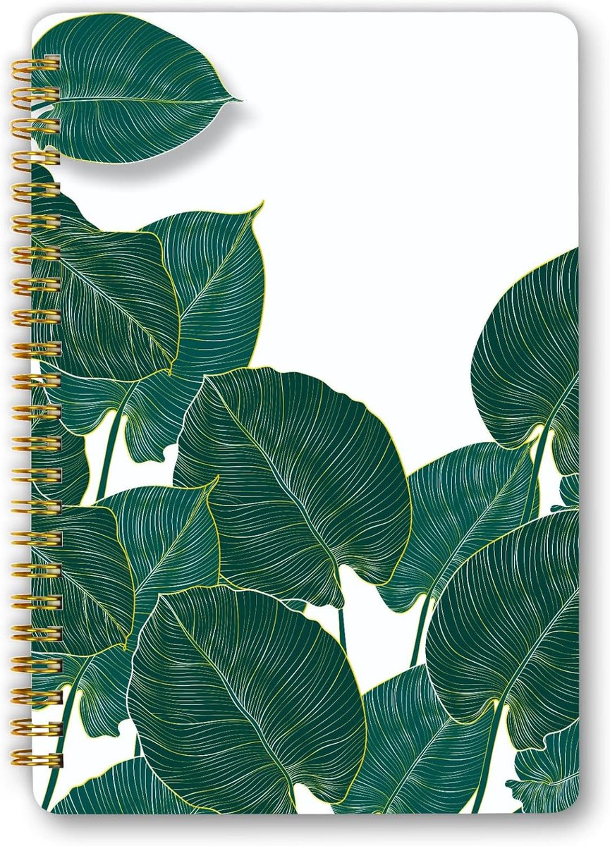 SnelShoppen - A5 Spiral Notebook 160 Pagina's, 100gsm Papier, Hard Cover met Elastische Sluiting en Opbergzak (Groene Bladeren) voor Journaling, Notit
