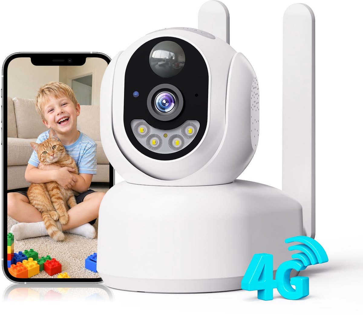 4G LTE bewakingscamera voor binnen, accu met simkaart, 2K PTZ huisdiercamera zonder wifi, voor binnen, met oplaadbare - ShopVlot