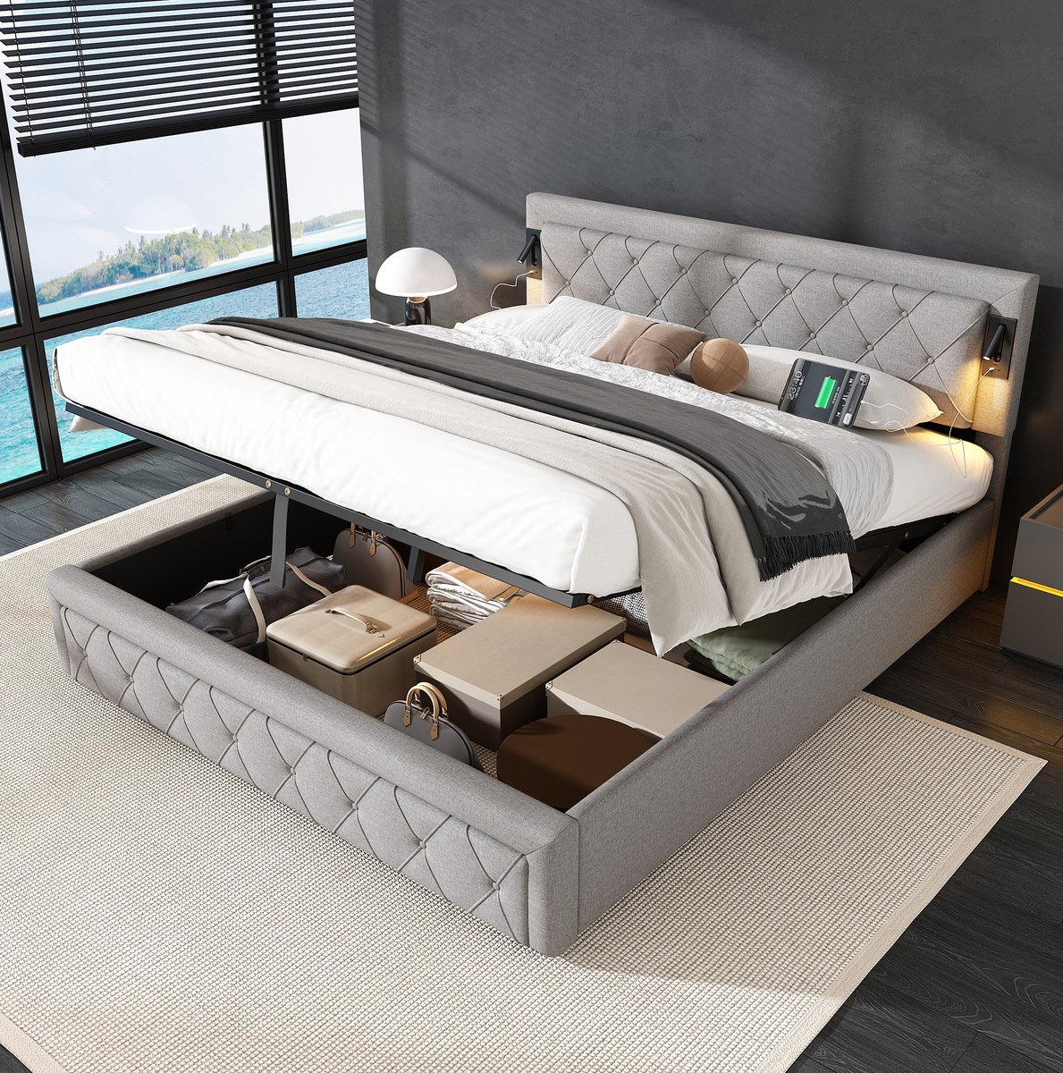 WUVRIE Gestoffeerd opbergbed 180x200 cm met USB, downlights en lattenbodem, grijs