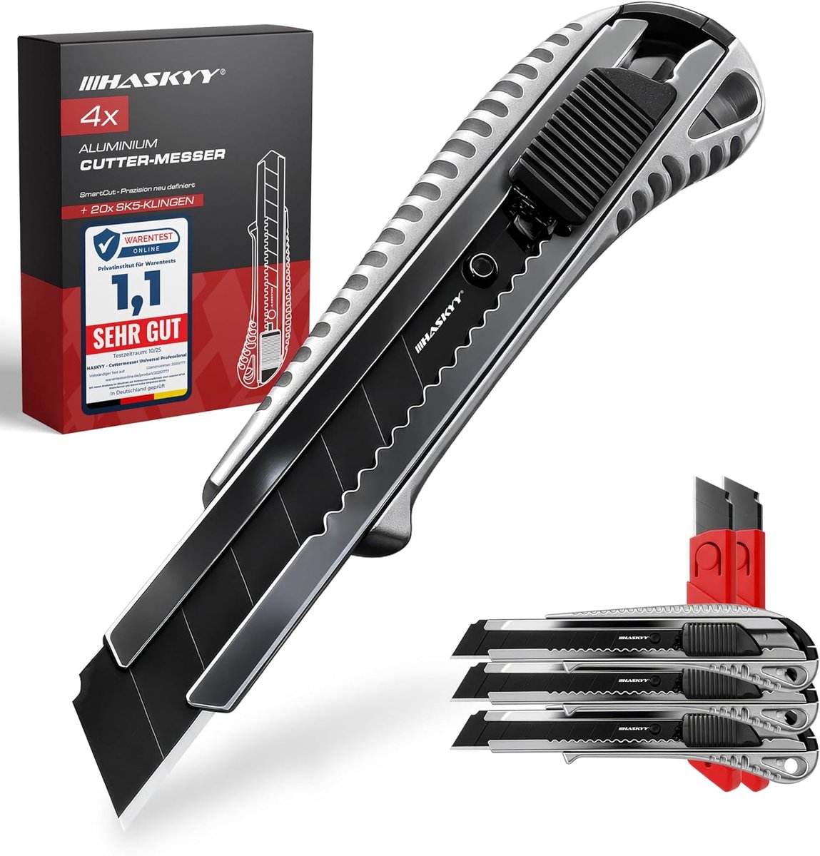 SnelShoppen - Cutter Knife Set 4 Stuks - Tapijtmessen, Hobbyknives met 20 SK5 Stalen Mesjes, Ergonomisch Handvat, Vergrendelingsfunctie, Voor Precisie