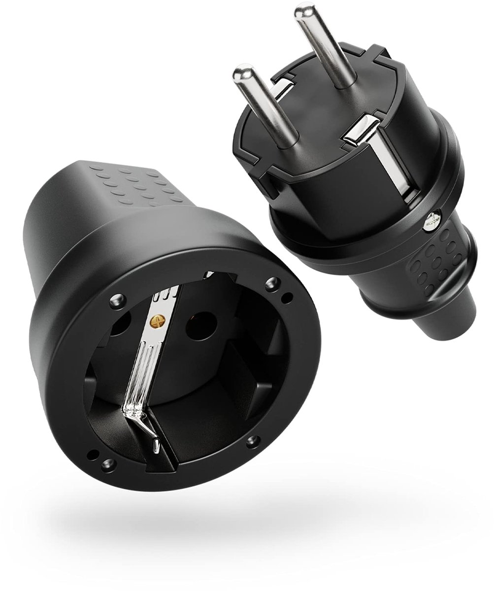 SnelShoppen - Rubber geaarde stekker en koppeling met knikbescherming, tweepolig, 250 V, 16 A, 3,7 kW, IP44 Schuko stekker, zwart, voor buitengebruik,