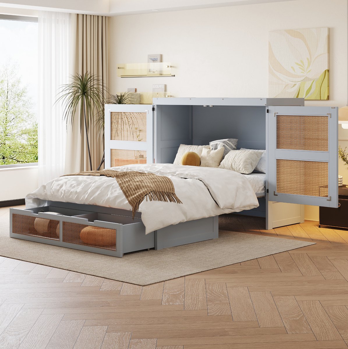 WUVRIE Opklapbed 140x200 cm met lattenbodem, opberglades en rotandesign, grijs