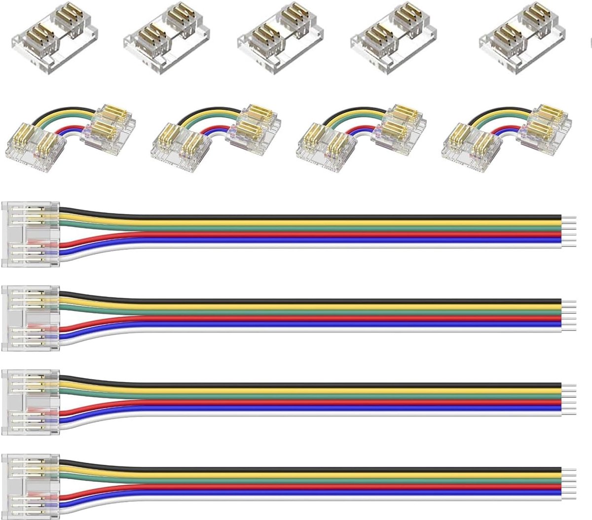 SnelShoppen - 12mm 6 Pin RGB+CCT COB LED Connector Kit - 5 Strip Connectors, 4 L-vormige Hoekverbindingen, 4 Wire Extensions voor FCOB LED Strips
