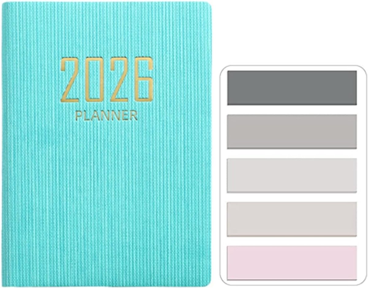 SnelShoppen - RuiChy Mini Pocket Diary 2026 A7 Dagelijkse Planner met PU Textuur, 128 Pagina's, Handzaam Notitieboek met Morandi Sticky Tabs in Cyan