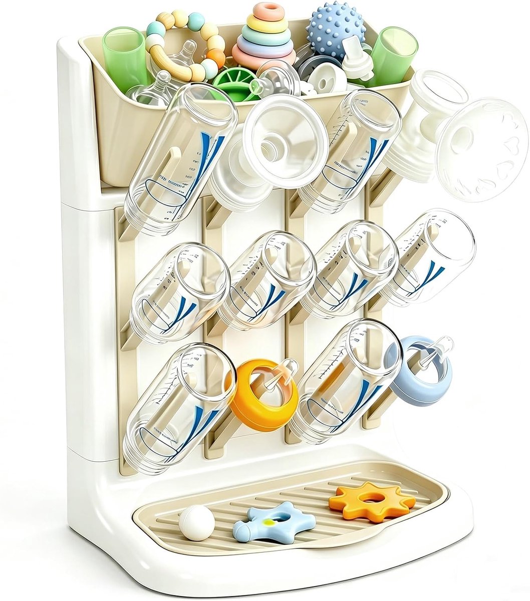 SnelShoppen - Babyfles Droogrek met 12 Haken, Ruimtebesparend, Verticaal Flessen Droger voor Babyflessen en Accessoires, Beige, Veilig PP Plastic