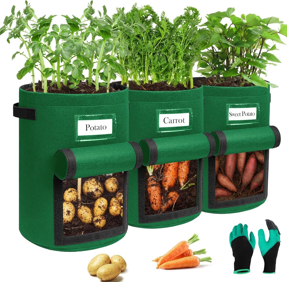 SnelShoppen - Set van 3 Aardappelplantzakken met Stevige Handvatten en Visualiserende Flap - Dikke Ademende Vilt Potten met Tuinhandschoenen voor Toma