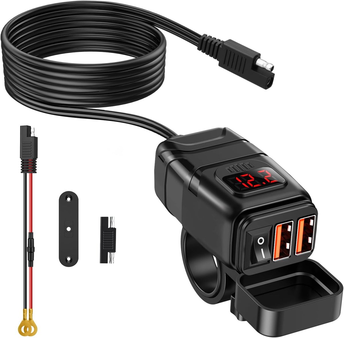 SnelShoppen - 12V USB Socket Quick Charge 3.0 Dual USB Motorfiets Lader met Aan/Uit Schakelaar en LED Voltmeter, Waterproof voor Motorhome Boot, 24W