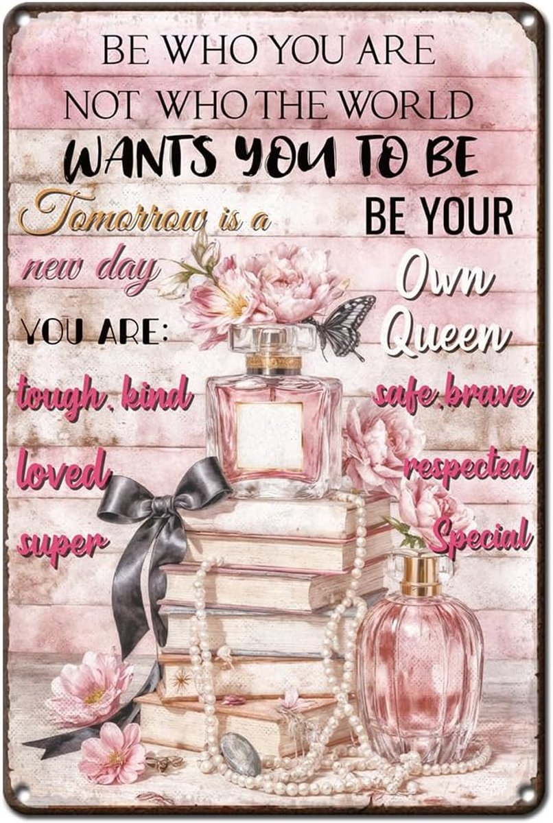 Koffie Muur Decoratief Hangend Schilderij Roze Bloemen En Boek Parfum Vlinder Tinnen Bord Poster 20 x 30 cm Schattige Geschenken IJzer Metalen Bord Voor Slaapkamer Bars Deuren