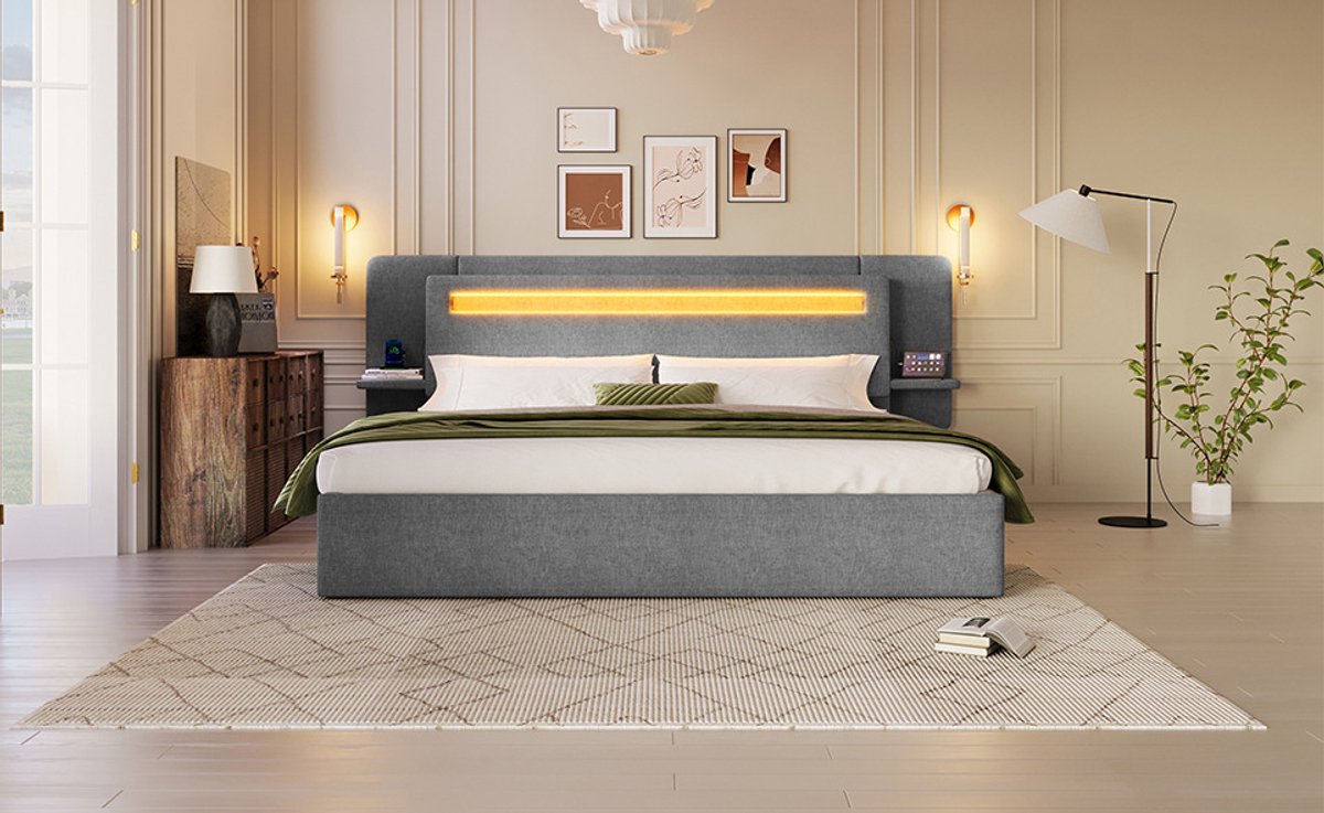 DESMIU Gestoffeerd Bed 180 x 200 cm – Hydraulische Opbergruimte – Usb-Nachtkastje – Linnen Bekleding – Grijs – Zonder Matras