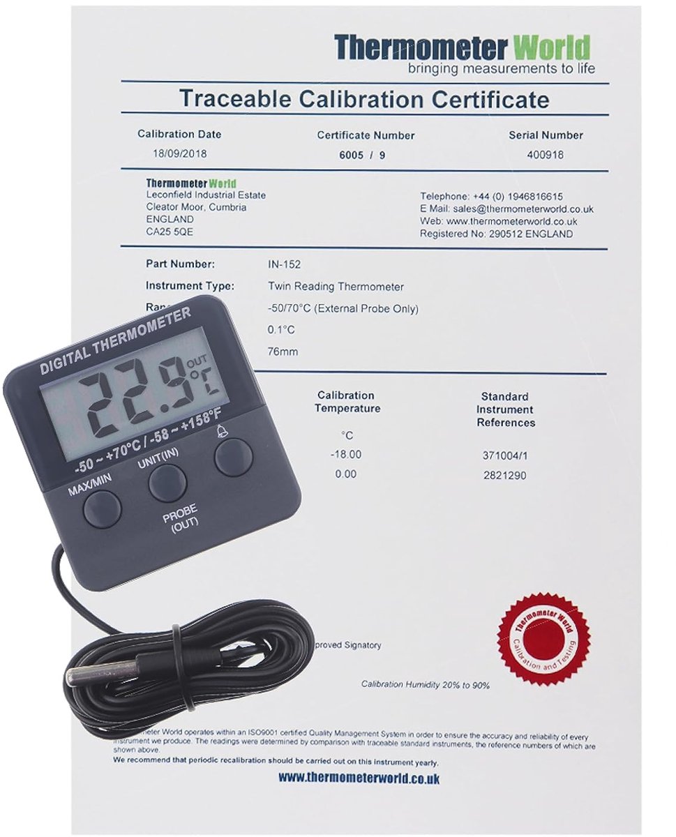 SnelShoppen - Calibrated Digitale Koelkast Vries Thermometer met Traceerbaar 2-Punt Kalibratie Certificaat - Exacte Temperatuurmeting voor Koelkast en