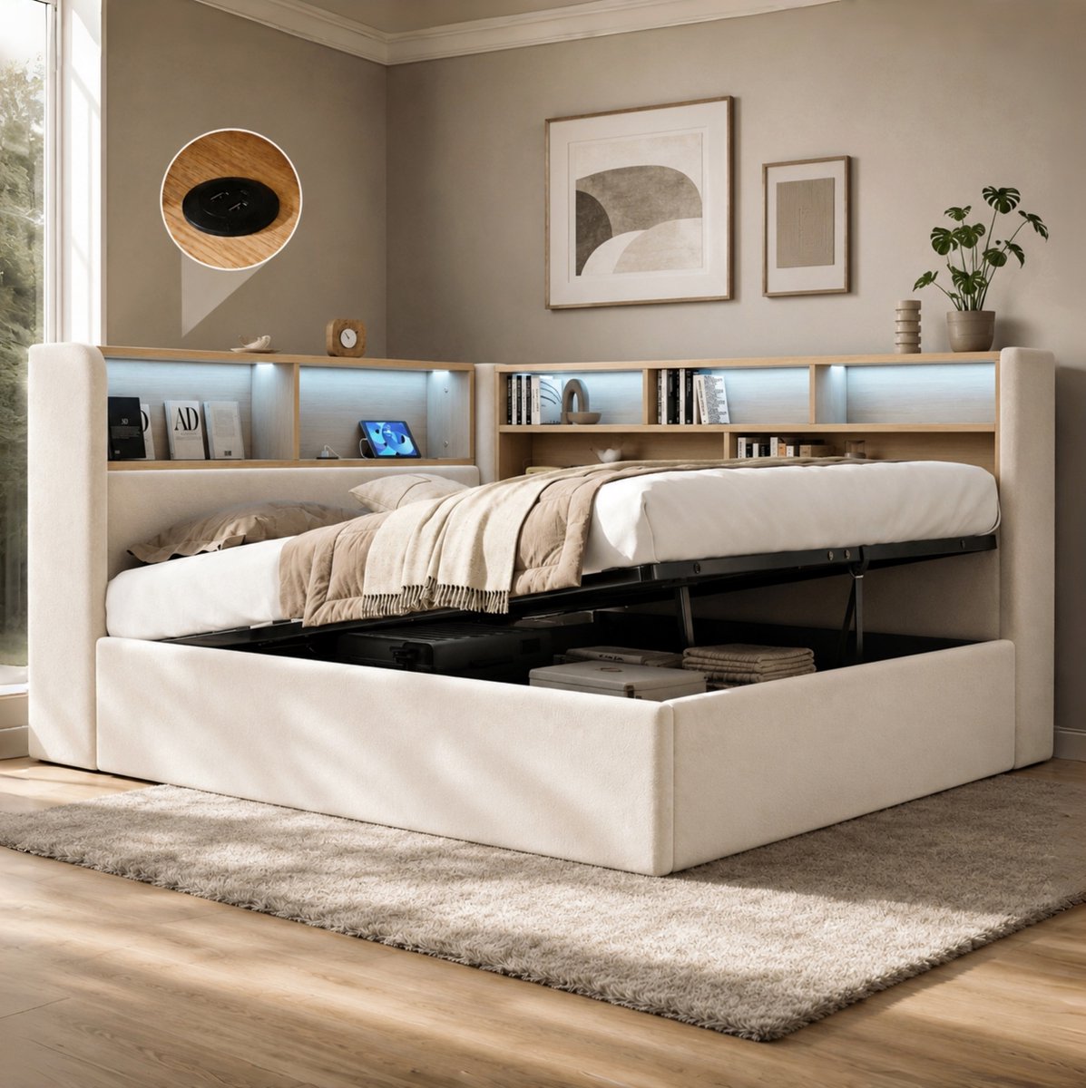 WUVRIE Opbergbed 140x190 cm met hydraulische opbergruimte, LED, USB en Type-C, lattenbodem, beige fluweel