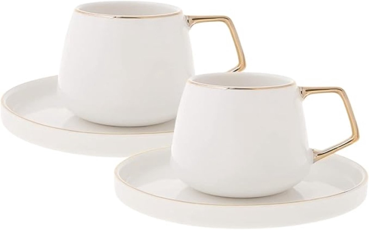 Karaca Saturn Turkse koffiekopjes met schotel – Set van 2 – 90 ml – Wit porselein met gouden rand en oor
