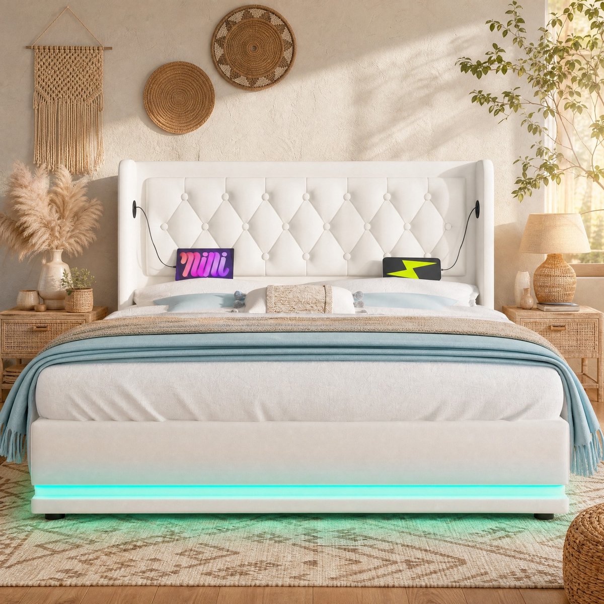 WUVRIE Gestoffeerd opbergbed 160x200 cm met USB- en Type-C-poorten, 3-zijdige ledverlichting, wit kunstleer