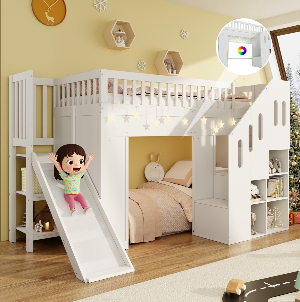 WUVRIE Stapelbed 90x200 cm met glijbaan, opbergtrap, LED en uitvalbeveiliging, wit