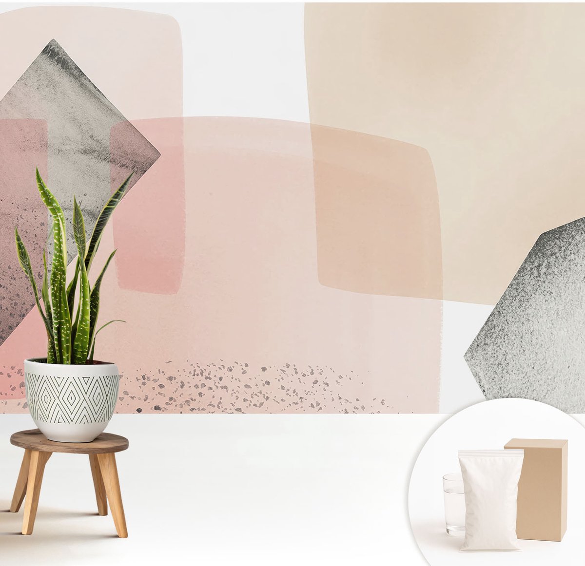 Wallfluent Fotobehang - Beige Vliesbehang - 208x146 cm - Fijne Figuren Fotobehang Vlies - Woonkamer behang Abstractie - Muurschildering - Woonkamer behang