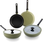 BK Enjoy Pannenset 4-delig - 24/28cm - 3.4/4.2L - PFAS-vrije antikleeflaag - Pannenset inductie - Keramische pan - Ovenbestendig tot 160°C - Koudgrepen - Met glazen deksel - Olijfgroen