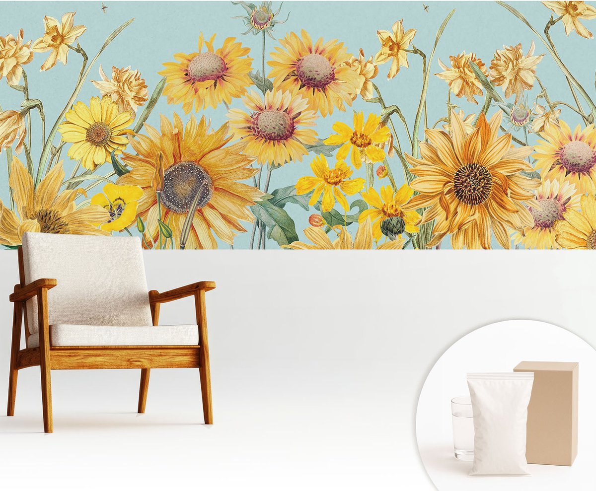 Wallfluent Fotobehang - Geel Vliesbehang - 250x104 cm - Zomertuin Muurschildering - Slaapkamer behang Bloemen En Planten - Fotobehang Vlies - Slaapkamer behang