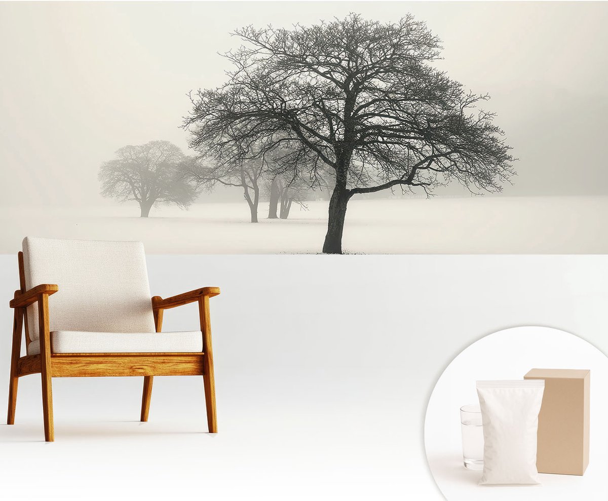 Wallfluent Fotobehang - Wit Vliesbehang - 250x104 cm - Winterbomen Fotobehang Vlies - Hal behang Landschappen - Muurschildering - Woonkamer behang