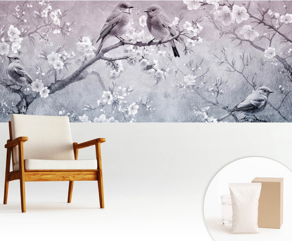 Wallfluent Fotobehang - Grijs Vliesbehang - 250x104 cm - Subtiele Natuur Fotobehang Vlies - Hal behang Bloemen En Planten - Muurschildering - Woonkamer behang