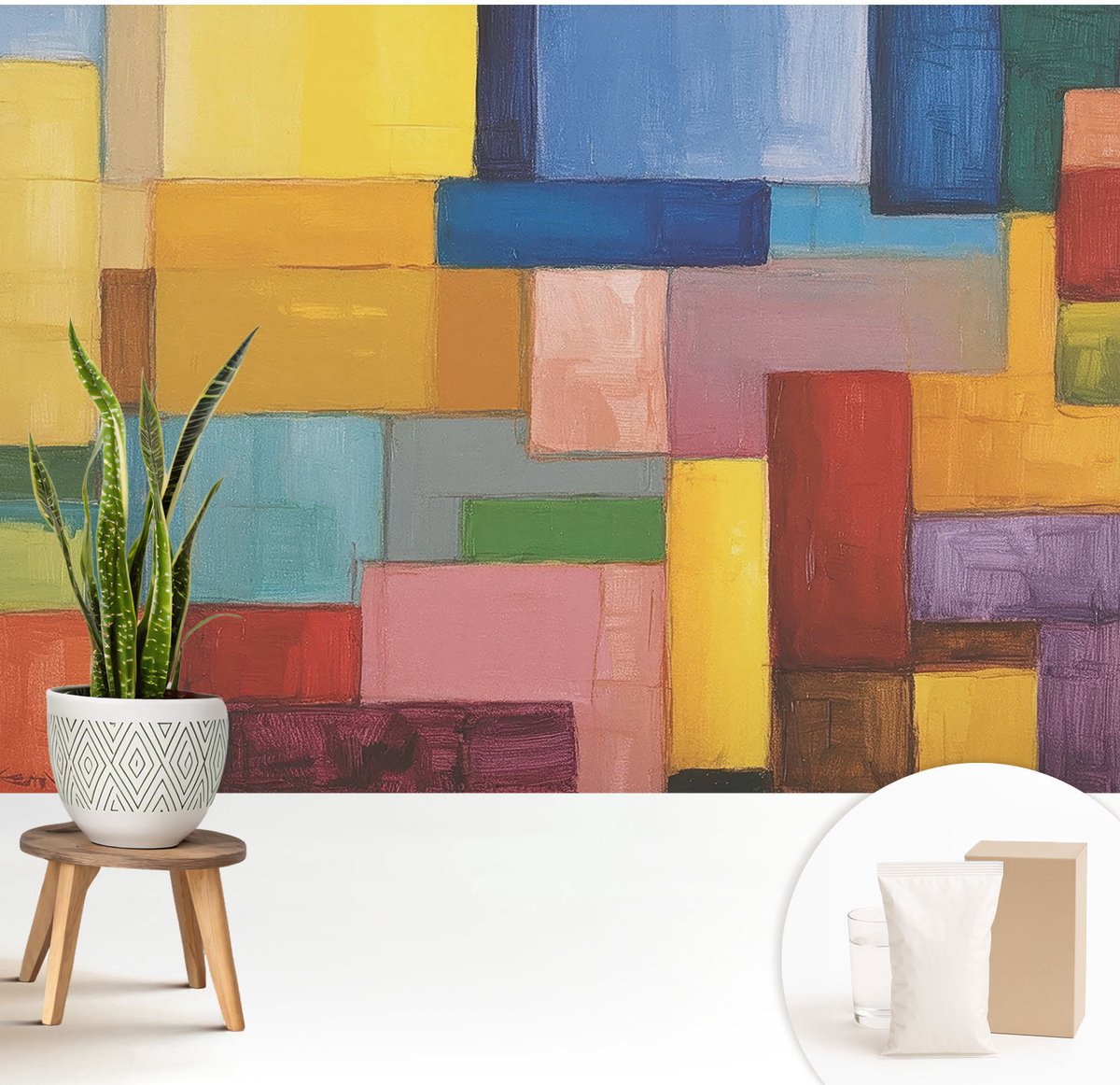 Wallfluent Fotobehang - Geel Vliesbehang - 208x146 cm - Gekleurde Rechthoeken Fotobehang Vlies - Hal behang Abstractie - Muurschildering - Hal behang