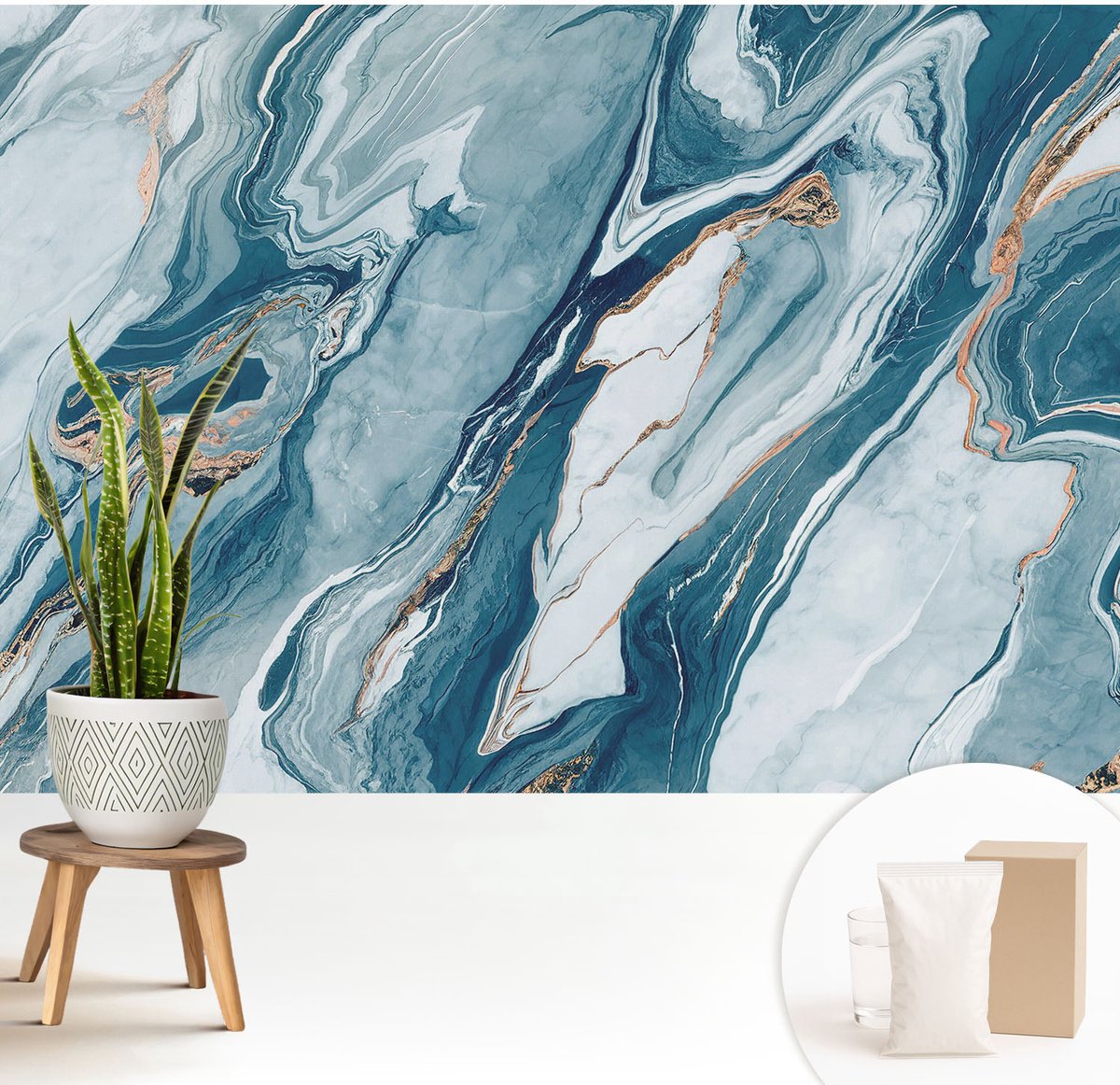 Wallfluent Fotobehang - Blauw Vliesbehang - 208x146 cm - Minerale Elegantie Fotobehang Vlies - Hal behang Abstractie - Muurschildering - Woonkamer behang