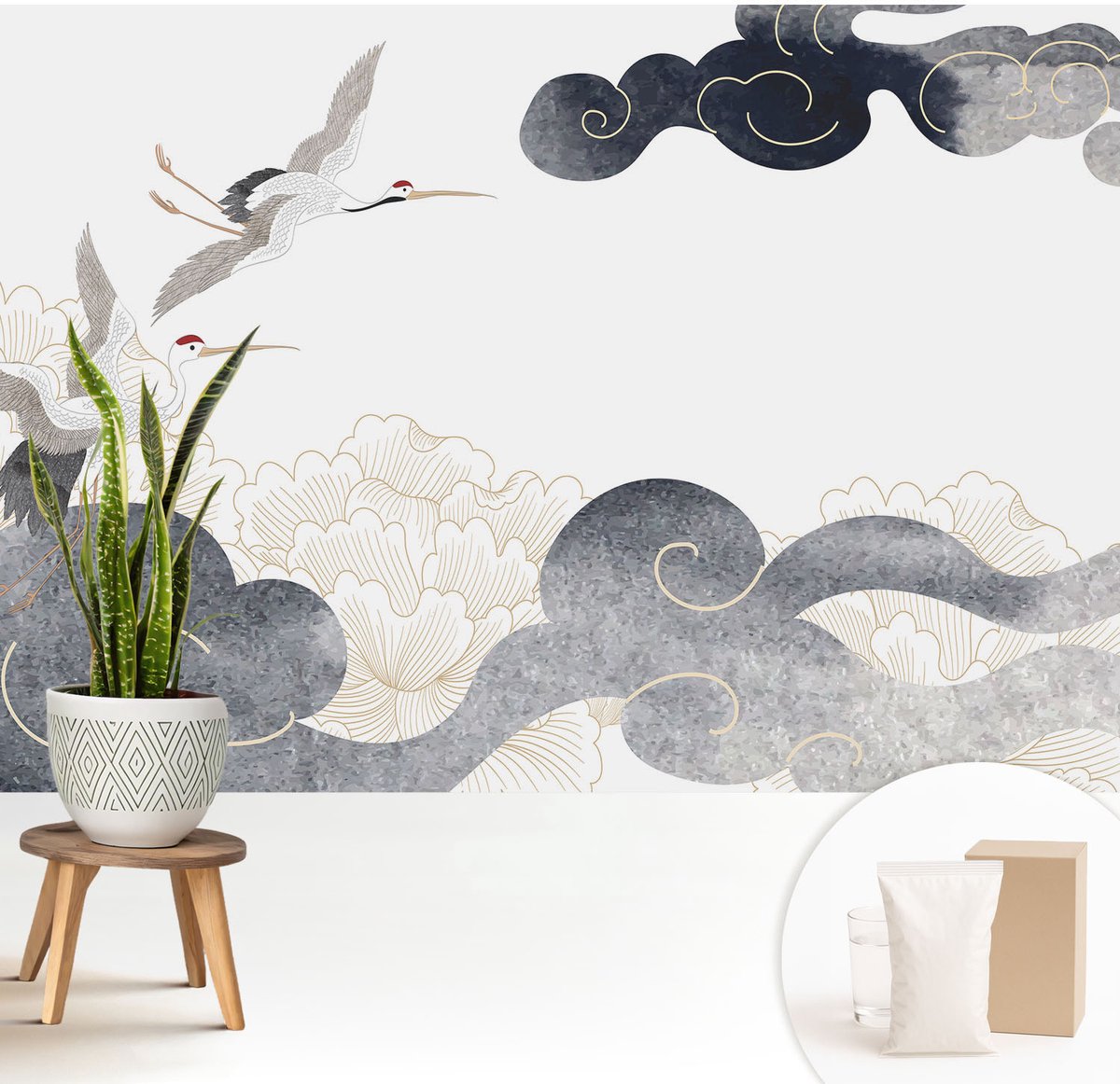 Wallfluent Fotobehang - Wit Vliesbehang - 208x146 cm - Kraanvogels In Vlucht Muurschildering - Slaapkamer behang Dieren - Fotobehang Vlies - Slaapkamer behang