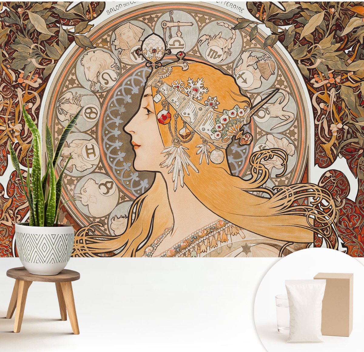 Wallfluent Fotobehang - Beige Vliesbehang - 208x146 cm - Zodiacale Elegantie Muurschildering - Slaapkamer behang Deel - Fotobehang Vlies - Slaapkamer behang