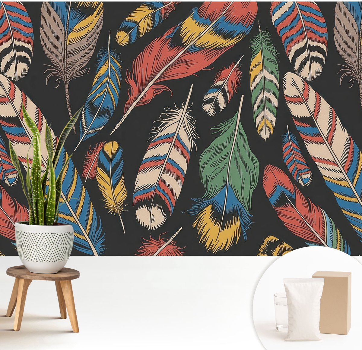 Wallfluent Fotobehang - Blauw Vliesbehang - 208x146 cm - Kleurrijke Veren Fotobehang Vlies - Hal behang Achtergronden En Patronen - Muurschildering - Hal behang