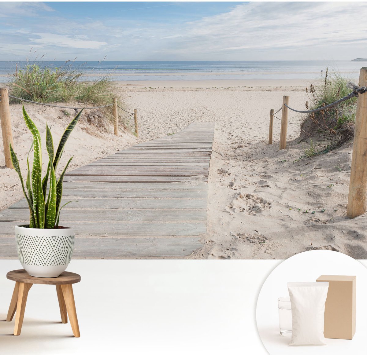 Wallfluent Fotobehang - Wit Vliesbehang - 208x146 cm - Houten Loopbrug Muurschildering - Gang behang Landschappen - Fotobehang Vlies - Slaapkamer behang