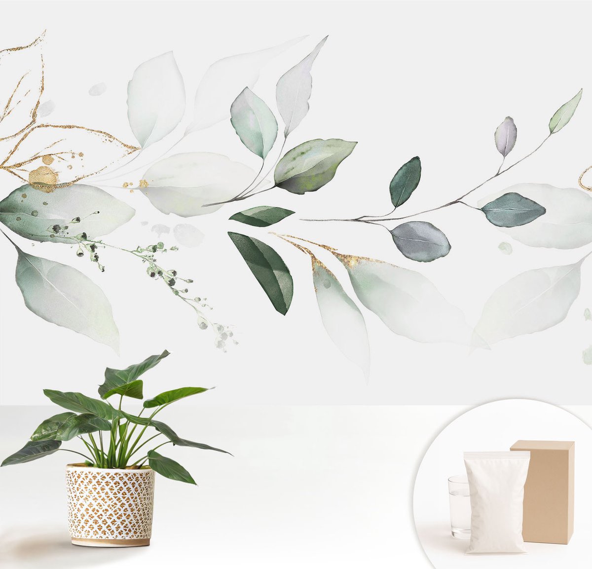 Wallfluent Fotobehang - Wit Vliesbehang - 152x104 cm - Groene Bladeren Fotobehang Vlies - Hal behang Bloemen En Planten - Muurschildering - Hal behang