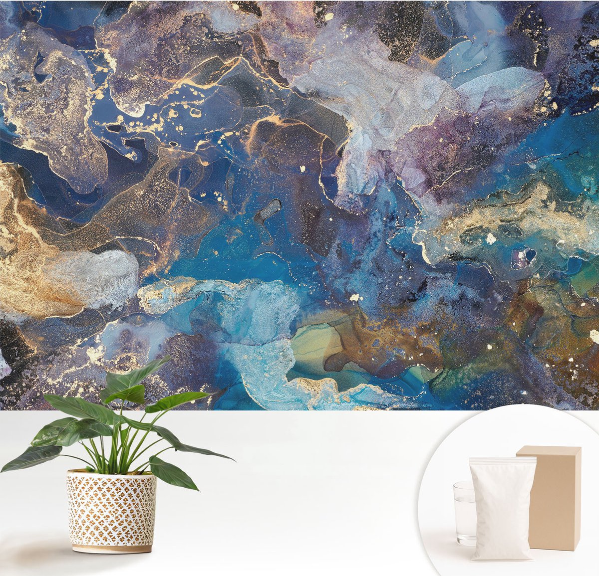 Wallfluent Fotobehang - Blauw Vliesbehang - 152x104 cm - Kosmisch Mozaïek Muurschildering - Gang behang Abstractie - Fotobehang Vlies - Slaapkamer behang