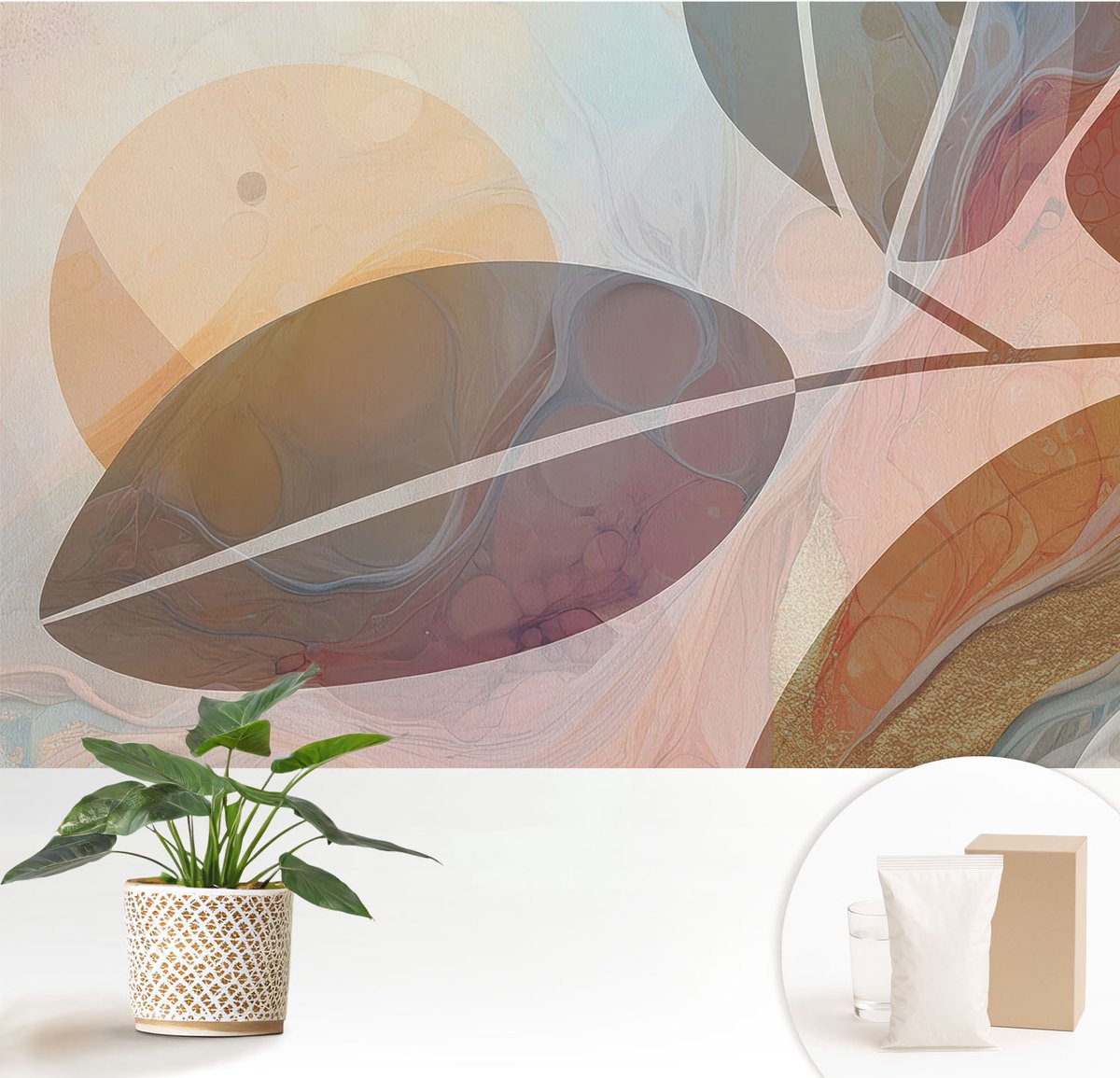 Wallfluent Fotobehang - Grijs Vliesbehang - 152x104 cm - Harmonieuze Bladeren Muurschildering - Slaapkamer behang Abstractie - Fotobehang Vlies - Slaapkamer behang