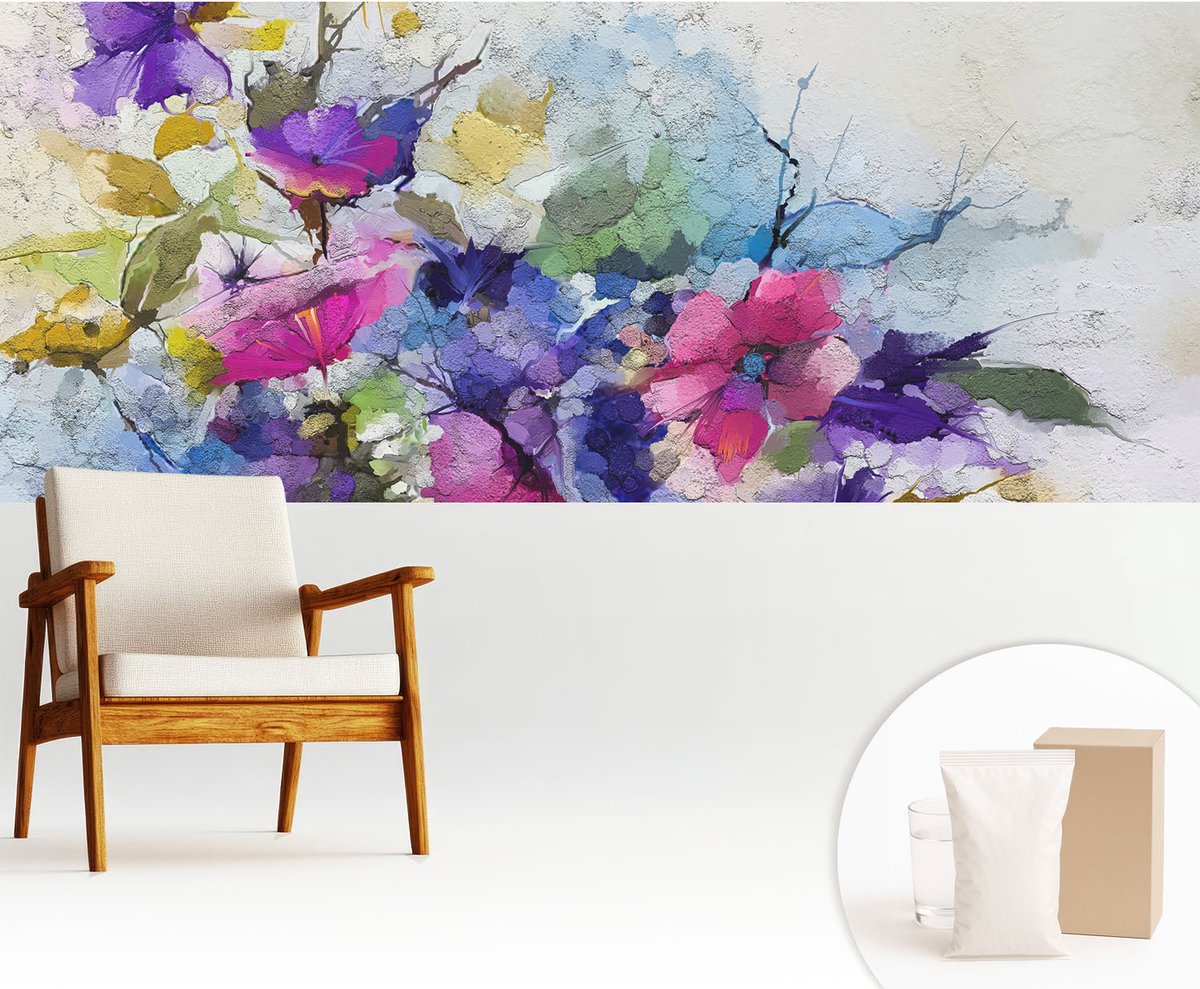 Wallfluent Fotobehang - Zwart Vliesbehang - 250x104 cm - Abstracte Bloemen Fotobehang Vlies - Hal behang Bloemen En Planten - Muurschildering - Woonkamer behang