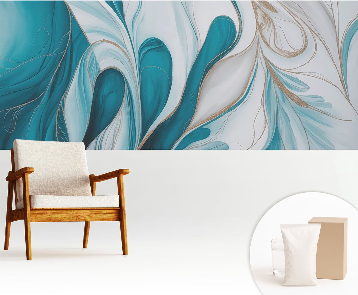 Wallfluent Fotobehang - Turkoois Vliesbehang - 250x104 cm - Vloeistofpatronen Muurschildering - Slaapkamer behang Abstractie - Fotobehang Vlies - Slaapkamer behang