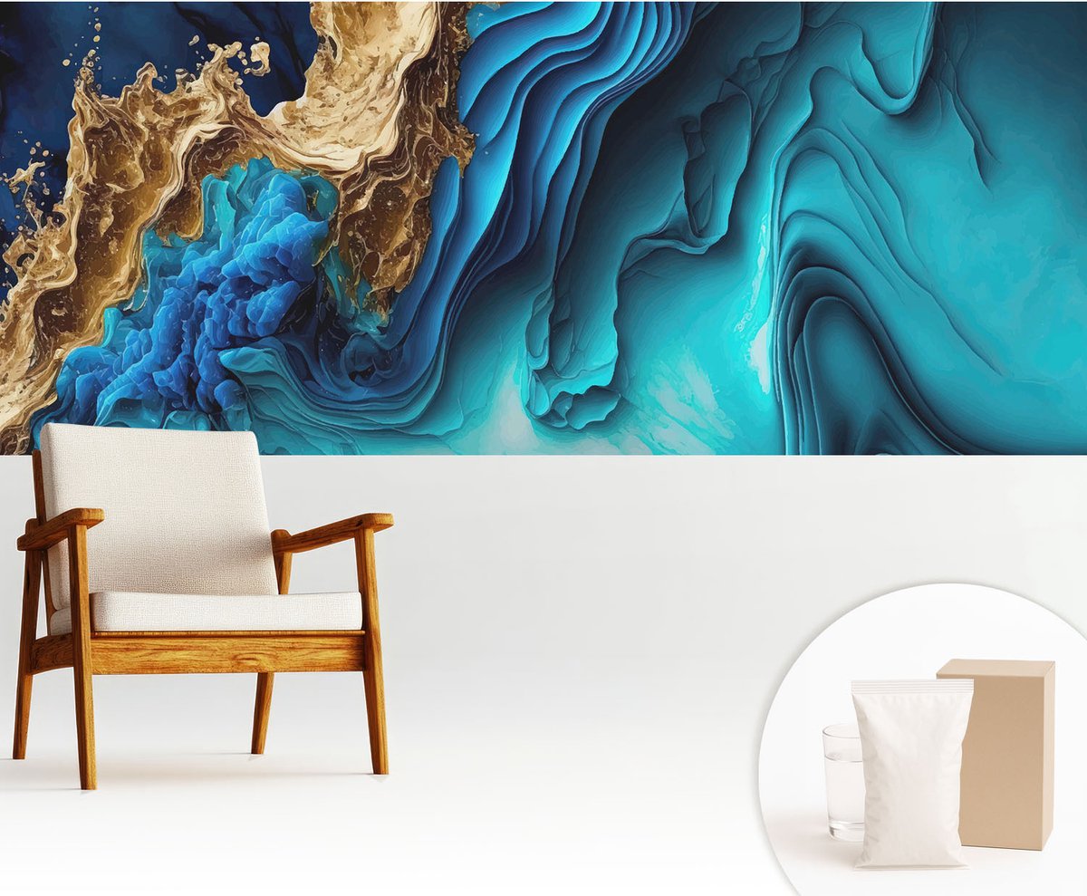 Wallfluent Fotobehang - Blauw Vliesbehang - 250x104 cm - Energiegolven Muurschildering - Slaapkamer behang Abstractie - Fotobehang Vlies - Gang behang