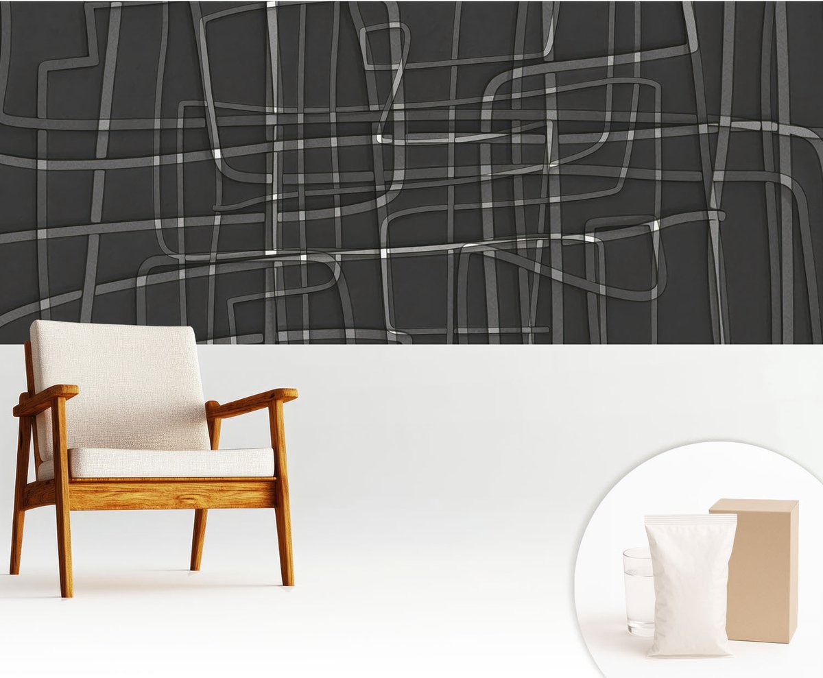 Wallfluent Fotobehang - Zwart Vliesbehang - 250x104 cm - Abstracte Lijnen Fotobehang Vlies - Hal behang Abstractie - Muurschildering - Woonkamer behang