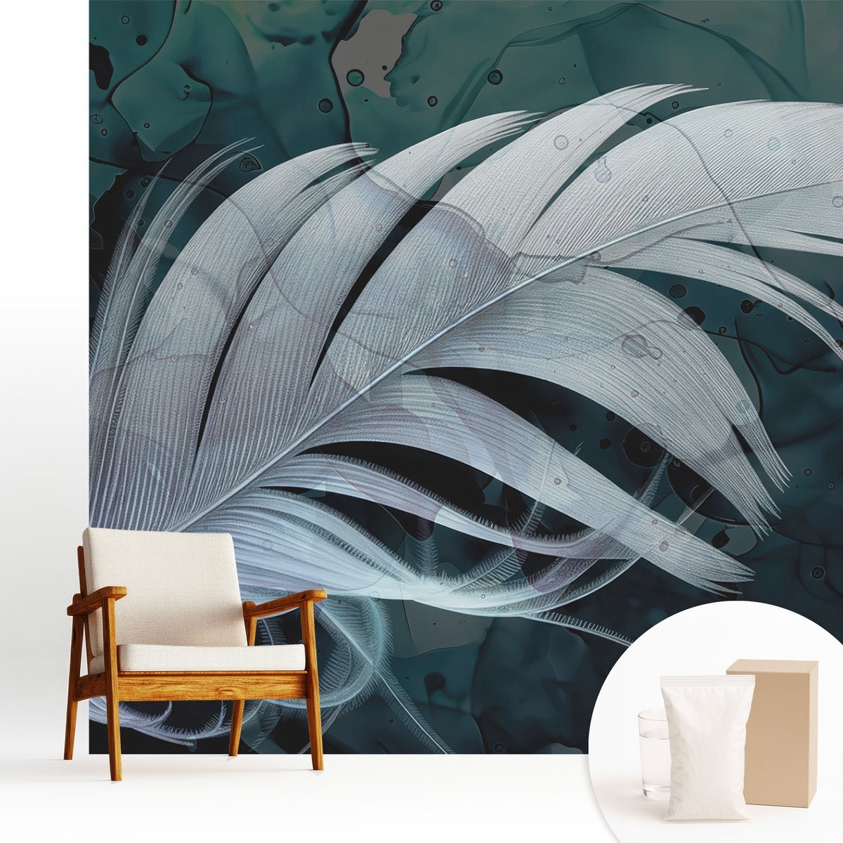 Wallfluent Fotobehang - Wit Vliesbehang - 250x250 cm - Etherische Veer Muurschildering - Slaapkamer behang Deel - Fotobehang Vlies - Slaapkamer behang