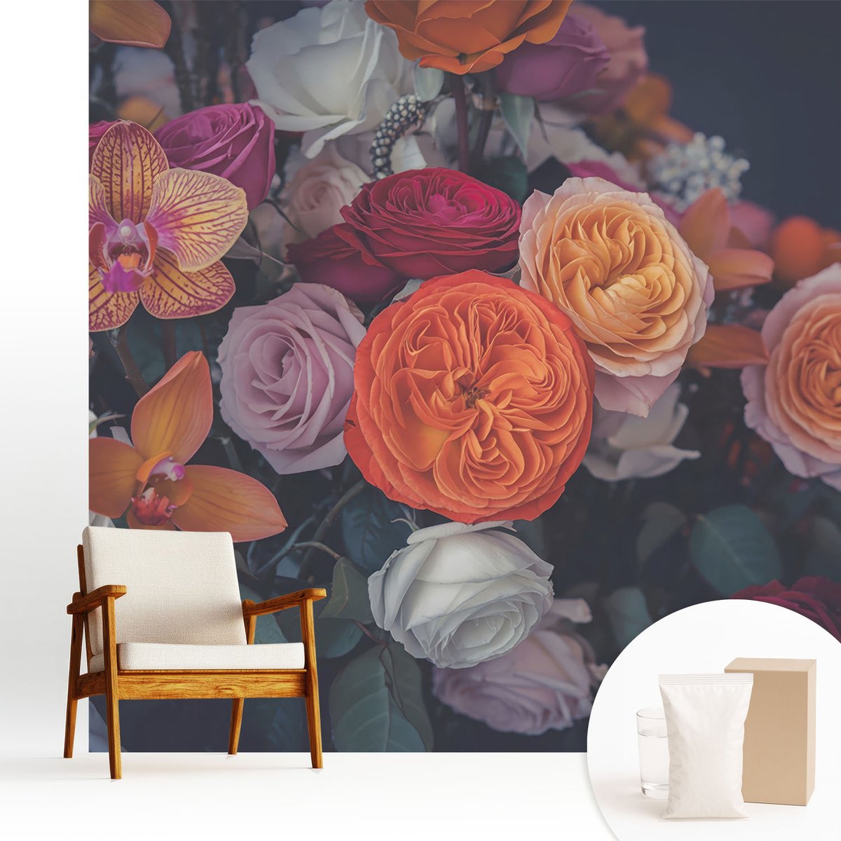Wallfluent Fotobehang - Oranje Vliesbehang - 250x250 cm - Kleurrijk Boeket Fotobehang Vlies - Hal behang Bloemen En Planten - Muurschildering - Woonkamer behang