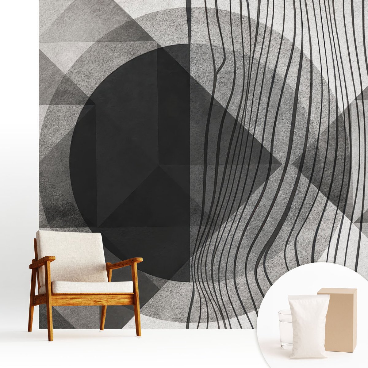 Wallfluent Fotobehang - Zwart-Wit Vliesbehang - 250x250 cm - Abstracte Vormen Fotobehang Vlies - Woonkamer behang Abstractie - Muurschildering - Woonkamer behang