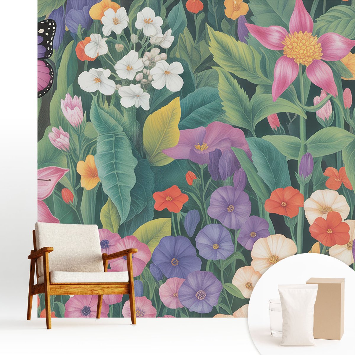 Wallfluent Fotobehang - Groente Vliesbehang - 250x250 cm - Bloemenexplosie Muurschildering - Gang behang Bloemen En Planten - Fotobehang Vlies - Slaapkamer behang