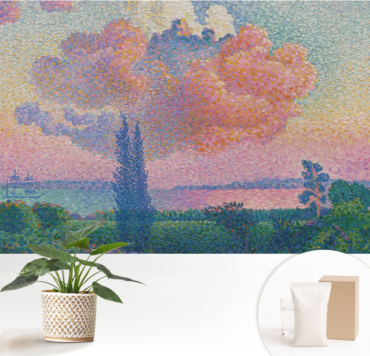 Wallfluent Fotobehang - Roze Vliesbehang - 152x104 cm - Kleurrijk Landschap Fotobehang Vlies - Woonkamer behang Deel - Muurschildering - Hal behang