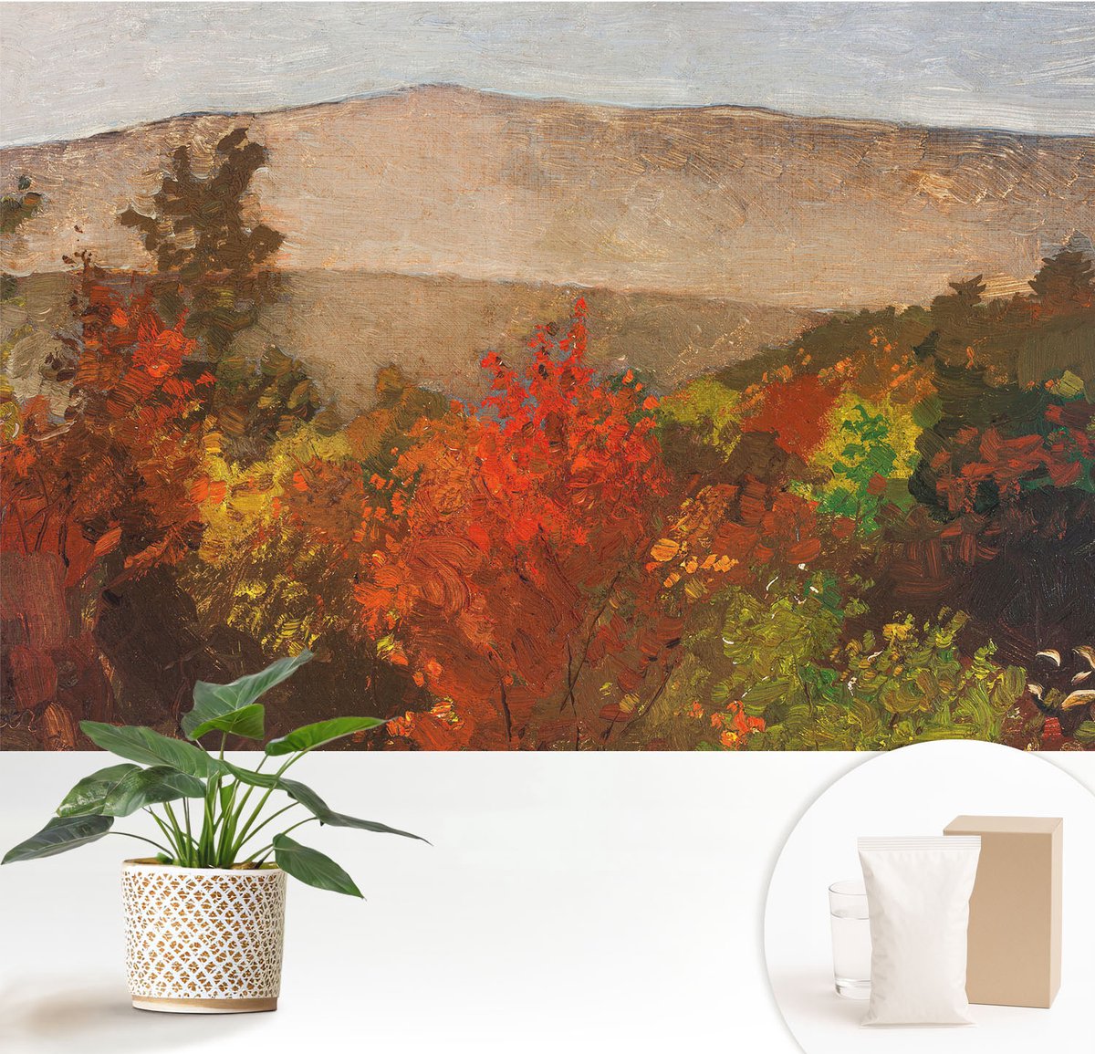 Wallfluent Fotobehang - Rood Vliesbehang - 152x104 cm - Herfstpanorama Muurschildering - Slaapkamer behang Landschappen - Fotobehang Vlies - Gang behang