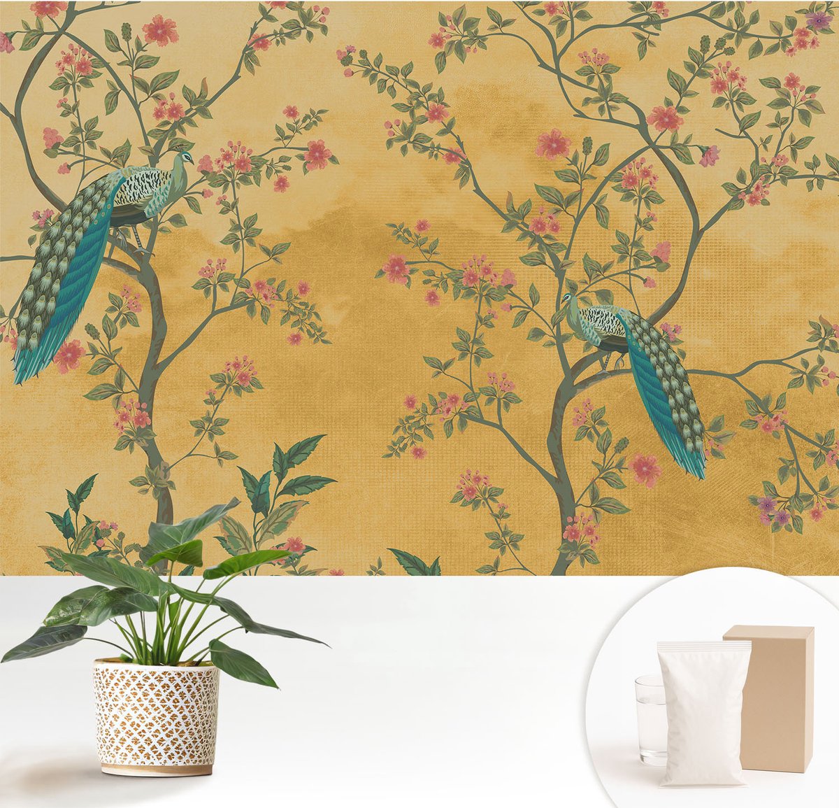 Wallfluent Fotobehang - Geel Vliesbehang - 152x104 cm - Pauwenbomen Muurschildering - Slaapkamer behang Bloemen En Planten - Fotobehang Vlies - Gang behang