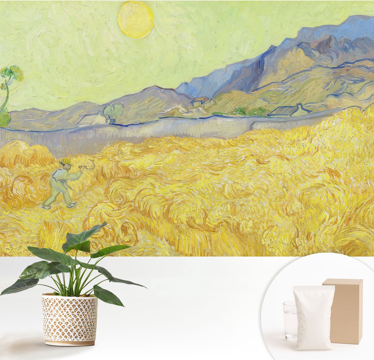 Wallfluent Fotobehang - Geel Vliesbehang - 152x104 cm - Tarweveld Fotobehang Vlies - Hal behang Landschappen - Muurschildering - Hal behang