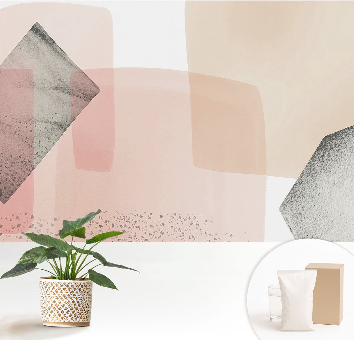 Wallfluent Fotobehang - Beige Vliesbehang - 152x104 cm - Fijne Figuren Fotobehang Vlies - Woonkamer behang Abstractie - Muurschildering - Woonkamer behang