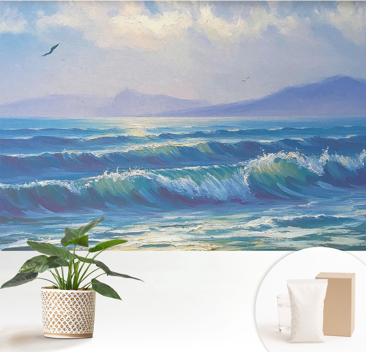 Wallfluent Fotobehang - Blauw Vliesbehang - 152x104 cm - Zeegolven Fotobehang Vlies - Woonkamer behang Landschappen - Muurschildering - Hal behang