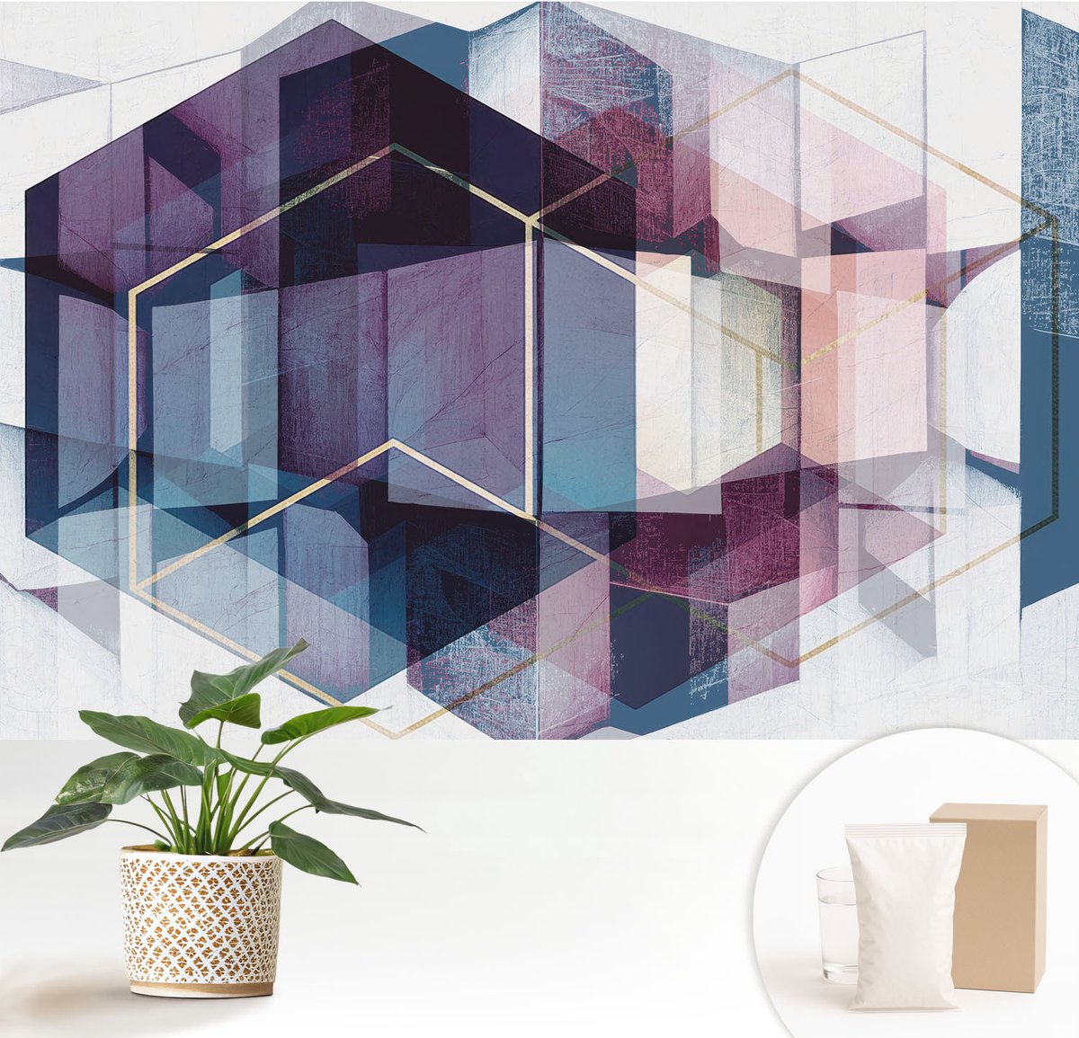 Wallfluent Fotobehang - Marine Vliesbehang - 152x104 cm - Geometrische Kubussen Fotobehang Vlies - Hal behang Abstractie - Muurschildering - Woonkamer behang